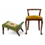 A VICTORIAN GOUT STOOL WITH WOOLWORK COVER AND A BEECH CHAIR