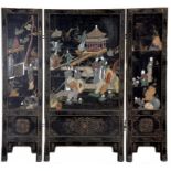 A CHINESE LACQUER AND STONE INLAID THREE FOLD SCREEN, 92CM H