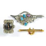 AN ELAN SILVER RING WATCH, A GOLD GEM SET HORSESHOE BAR BROOCH AND A SILVER AND OPAL DOUBLET LEAF