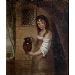 FOLLOWER OF GEORGE MORELAND - A RUSTIC GIRL HOLDING A PITCHER, OIL ON BOARD, 12CM X 10CM