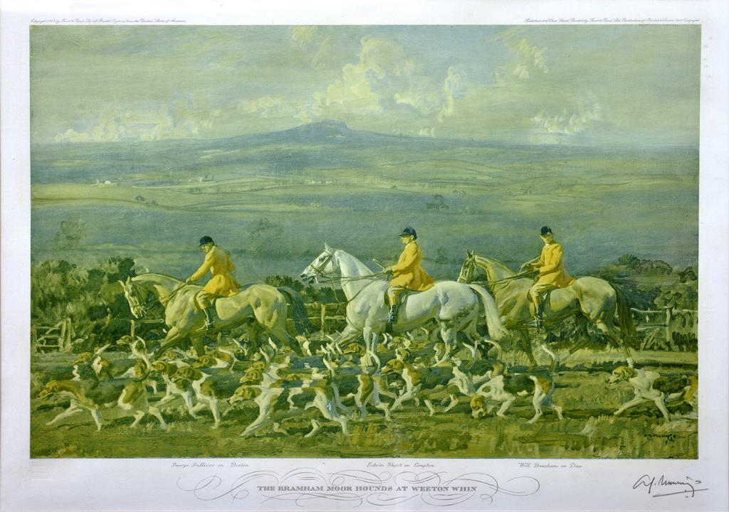 AN ARTIST SIGNED PRINT OF THE BRAMHAM MOOR HOUNDS AT WEETON WHIN BY SIR ALFRED JAMES MUNNINGS,