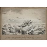 A 19TH CENTURY LITHOGRAPH OF HMS ST. GEORGE IN A HURRICANE 1805, LAID DOWN, 22.5CM X 33CM