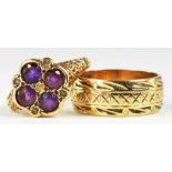A 9CT GOLD WEDDING RING AND AN AMETHYST CLUSTER RING, IN 9CT GOLD, 9.9G GROSS