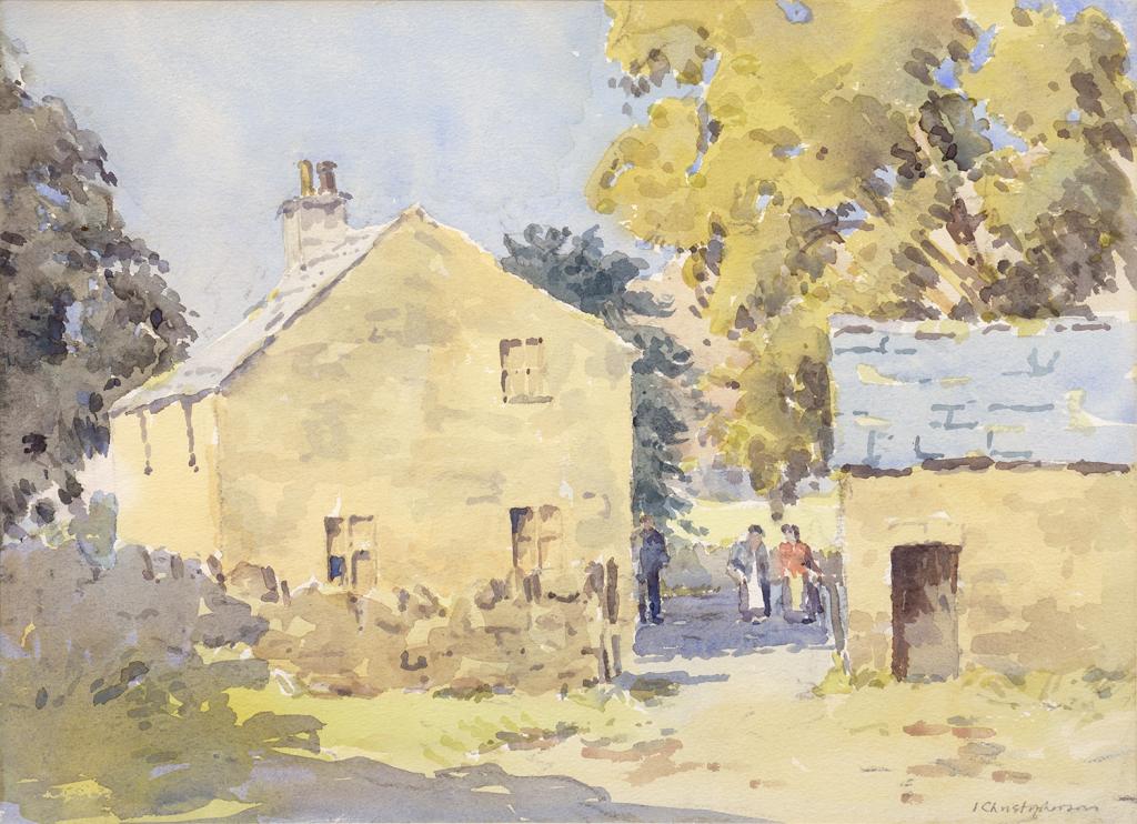 J. CHRISTOPHERSON - FIGURES BY A COTTAGE, SIGNED, WATERCOLOUR, 25CM X 34.5CM, A VICTORIAN MAPLE