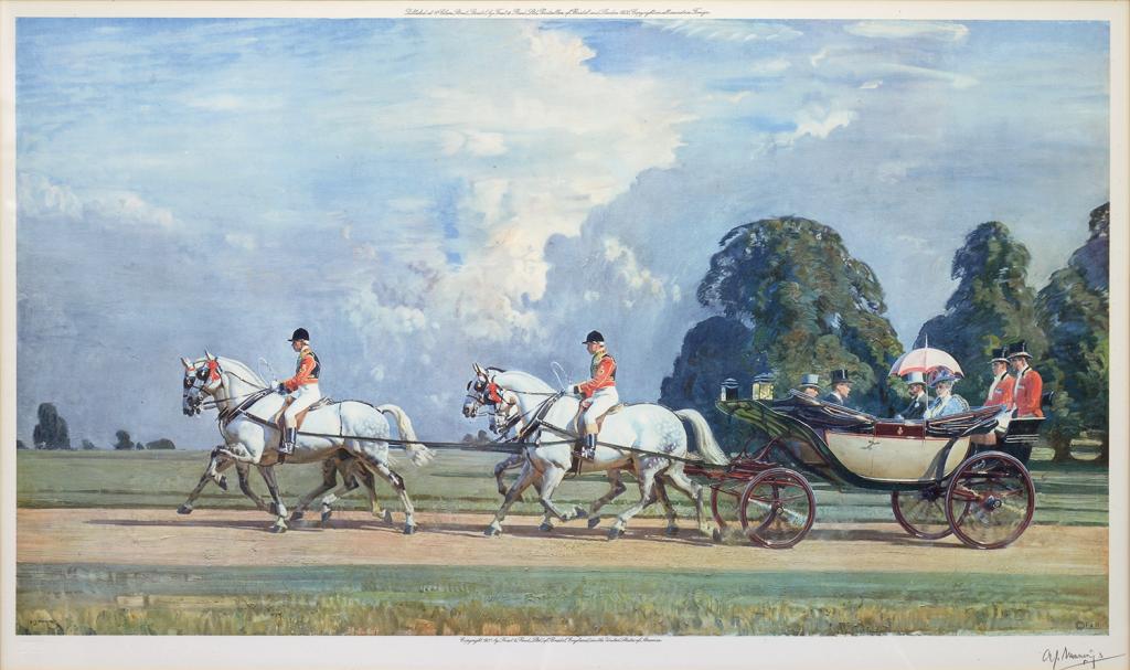 SIR ALFRED JAMES MUNNINGS - THEIR MAJESTIES RETURNING FROM ASCOT, REPRODUCTION PRINTED IN COLOUR,