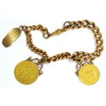 AN 18CT GOLD BRACELET, ADAPTED FROM AN ALBERT, MOUNTED WITH TWO GOLD COINS, COMPRISING GUINEA 1798