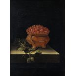 T.K. BROWN - A BOWL OF RASPBERRIES, SIGNED, OIL ON CANVAS, 42CM X 30CM