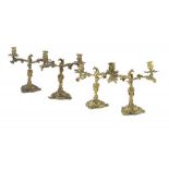 A SET OF FOUR VICTORIAN ORMOLU CANDELABRA, C1870 with nozzles, 35cm h ++