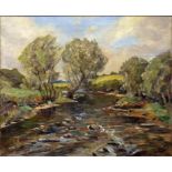 O.L. AGNEW - RIVER LANDSCAPE, SIGNED AND DATED 1948, OIL ON CANVAS, 49CM X 60CM