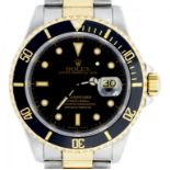 A ROLEX BIMETAL OYSTER PERPETUAL SUBMARINER WRISTWATCH, WITH BLACK DIAL, MAKER'S OYSTER BRACELET,