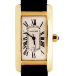 A CARTIER 18CT GOLD SELF WINDING TANK AMERICAINE WRISTWATCH WITH DATE, BLACK LEATHER STRAP, WITH