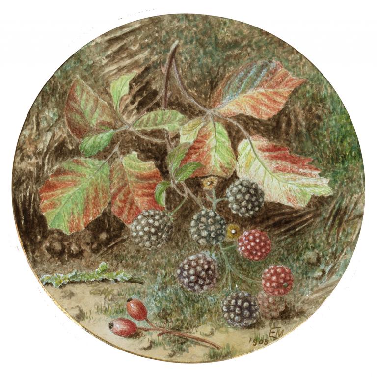 ENGLISH SCHOOL, 1909 - STILL LIFE WITH RASPBERRIES AND ROSEHIPS ON A MOSSY BANK, SIGNED WITH THE