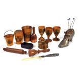A COLLECTION OF SCOTTISH SOUVENIR WOODWORK (OR MAUCHLINE WARE), TO INCLUDE THREE EGGCUPS, BEAKER,