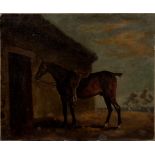 FOLLOWER OF GEORGE STUBBS - PORTRAIT OF A SADDLED HORSE, OIL ON CANVAS, 34.5CM X 42CM (UNFRAMED)