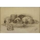 AFTER SIR EDWIN HENRY LANDSEER - THE CAVALIER'S PETS, SIGNED WITH INITIALS L.D, PENCIL, 33CM X 61CM