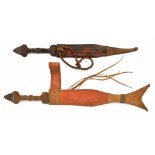 TWO AFRICAN IRON DAGGERS IN POLYCHROME DECORATED LEATHER SHEATHS