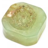 A CHINESE CARVED GREEN STONE SEAL, 4.5CM W