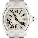 A CARTIER DIAMOND SET STAINLESS STEEL QUARTZ ROADSTER WRISTWATCH, MAKER'S BRACELET WITH INVISIBLE