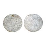 A PAIR OF MARBLE ROUND TABLE TOPS, 81CM DIAM