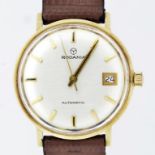 A RODANIA 9CT GOLD SELF WINDING GENTLEMAN'S WRISTWATCH, WITH DATE, MAKER'S BOX AND PAPERS, CIRCA