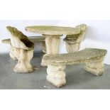 A FIVE PIECE RECONSTITUTED STONE GARDEN SUITE, LARGE CIRCULAR TABLE, 114CM DIAM, TWO TUB CHAIRS