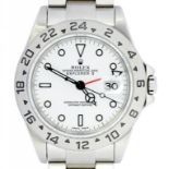 A ROLEX STAINLESS STEEL OYSTER PERPETUAL DATE EXPLORER II WRISTWATCH, WITH WHITE DIAL, MAKERS'S