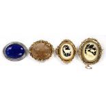 THREE VICTORIAN BROOCHES INCLUDING A MOURNING BROOCH AND A SILVER AND BLUE STONE BROOCH (4)