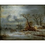 VICTORIAN SCHOOL - WINTER SCENE WITH SKATERS; MOUNTAINOUS LANDSCAPE, A PAIR, OIL ON CANVAS, 19CM X