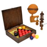 TREEN. A VICTORIAN SYCAMORE SEWING CLAMP, 24CM H, ANOTHER SMALLER AND A SET OF BILLIARD BALLS IN