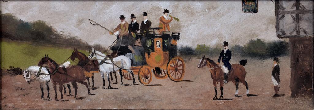 ATTRIBUTED TO PHILIP H. RIDEOUT - THE MAIL COACH, GOUACHE, 10CM X 30CM AND GEORGE OYSTON -