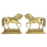 A PAIR OF VICTORIAN CAST BRASS HORSE HEARTH ORNAMENTS, 24CM H