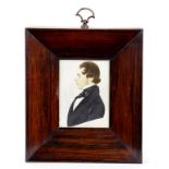 A 19TH CENTURY WATERCOLOUR MINIATURE PORTRAIT OF A GENTLEMAN, BUST LENGTH, GRAINED ROSEWOOD FRAME,