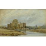 C.G. HEATHCOTE - PETERBOROUGH CATHEDRAL, WATERCOLOUR, 26CM X 43CM AND A WATERCOLOUR OF A MOATED