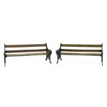 A PAIR OF GARDEN BENCHES WITH CAST IRON ENDS , 185CM W,