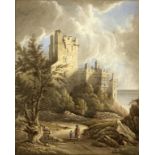 ENGLISH SCHOOL, 19TH CENTURY - A WOMAN AND CHILD ON A WOODED PATH BY A CASTLE ON THE COAST,