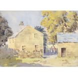 J. CHRISTOPHERSON - FIGURES BY A COTTAGE, SIGNED, WATERCOLOUR, 25CM X 34.5CM, A VICTORIAN MAPLE