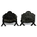 TWO CAST IRON FIRE GRATES, FIRE DOGS AND FIRE BACKS