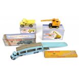 DINKY TOYS 965 EUCLID REAR DUMP TRUCK, 971 COLES MOBILE CRANE, 982 PULLMORE CAR TRANSPORTER AND994