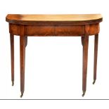 A VICTORIAN MAHOGANY AND INLAID FOLDING TEA TABLE ON TAPERING LEGS AND BRASS CASTORS, 91CM W