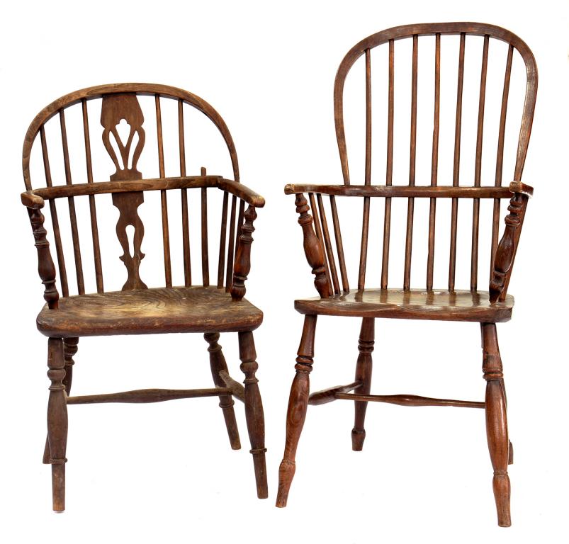 TWO VICTORIAN ASH WINDSOR CHAIRS WITH ELM SEATS