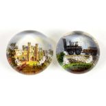 TWO VICTORIAN GLASS PAPERWEIGHTS, APPLIED WITH COLOURED TRANSFER ENGRAVINGS OF THE DARLINGTON