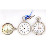 TWO SILVER CYLINDER WATCHES, ONE KEYLESS, BOTH WITH ENAMEL DIAL AND A LATER SILVER PENDANT WATCH