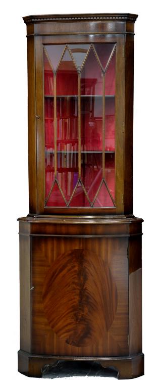 A REPRODUCTION BOW FRONTED CORNER CUPBOARD, 180CM H