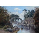 JOHN MORISON - THE OLD BRDIGE CARR BRIDGE INVERNESS-SHIRE, SIGNED, SIGNED AGAIN ON A SCRIBED