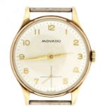 A MOVADO 9CT GOLD GENTLEMAN'S WRISTWATCH, THE BACK WITH ENGRAVED INSCRIPTION DATED 1956