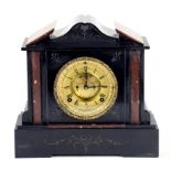 A BELGIAN SLATE AND LIVER AND WHITE MARBLE ARCHITECTURAL CASED MANTLE CLOCK, THE ANSONIA MOVEMENT