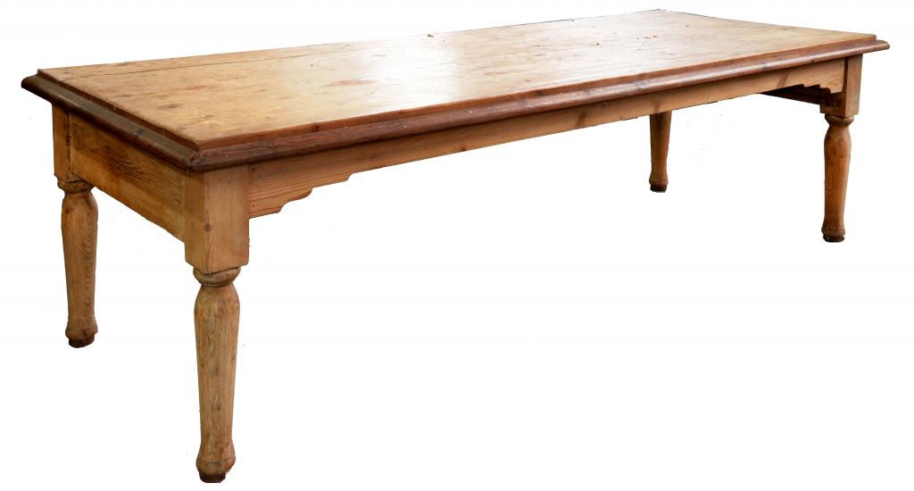 A VICTORIAN WAXED PINE KITCHEN TABLE, 250CM L