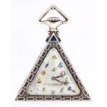 A SWISS SILVER TRIANGULAR KEYLESS LEVER MASONIC WATCH, THE MOTHER OF PEARL DIAL PAINTED IN