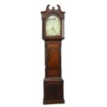 A VICTORIAN OAK AND CROSSBANDED LONGCASE CLOCK WITH PAINTED DIAL