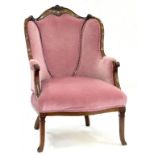 A VICTORIAN MAHOGANY AND MARQUETRY INLAID ARMCHAIR, UPHOLSTERED IN PINK FABRIC